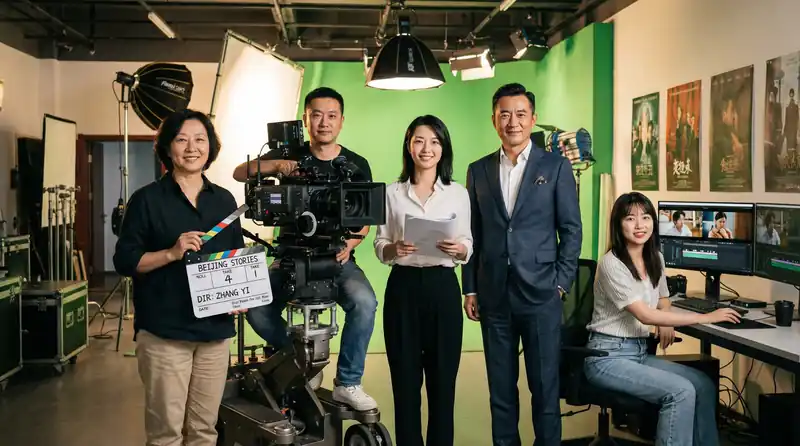 精品大师专业影视制作团队在现代化摄影棚中合影，展示导演、摄影师、编剧、制片人和剪辑师