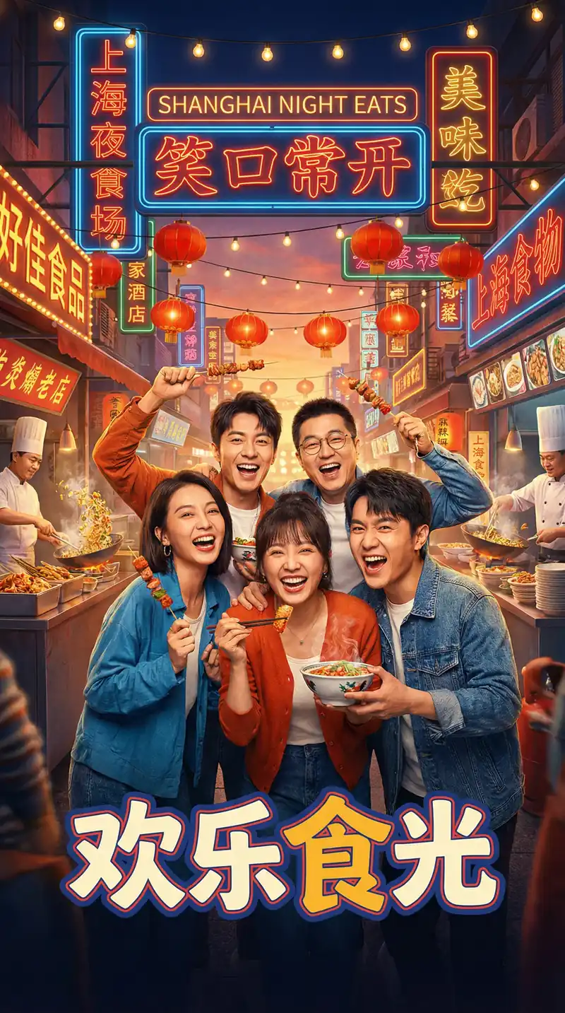 欢乐食光电影海报，五位好友在上海夜市美食街开怀大笑