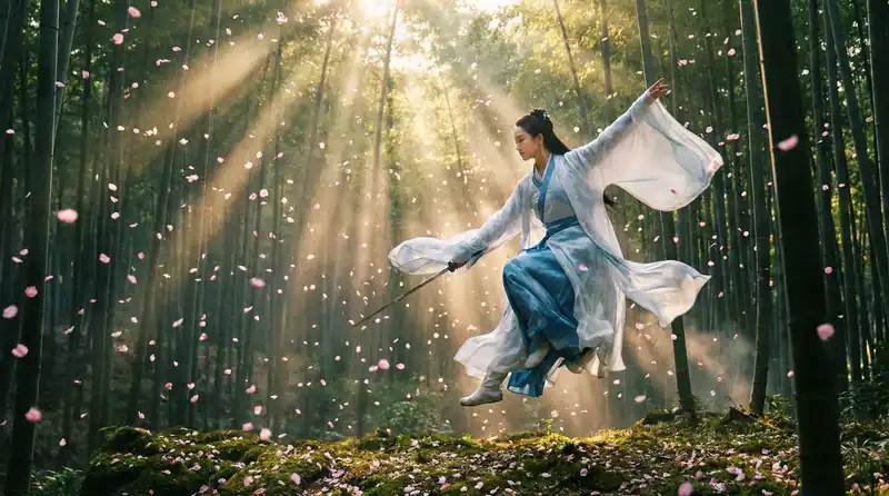 精品大师精彩影片预告片画面，竹林中女侠飞身舞剑